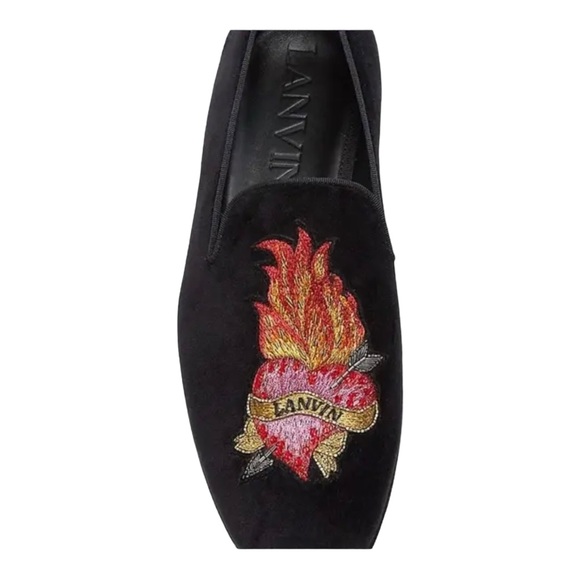 LANVIN Shoes Men's Size 12 Flaming Heart Leather & Velvet Smoking Loafers - Picture 2 of 9
